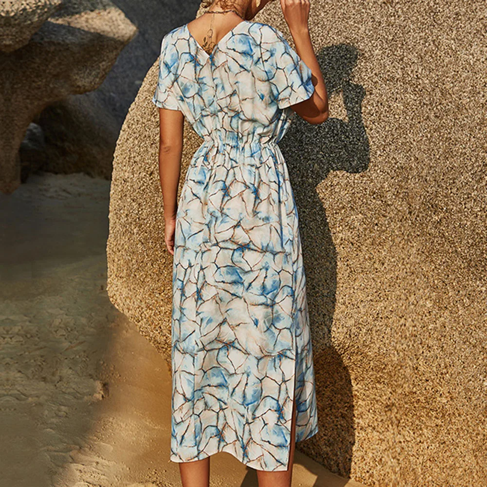 

Bohemian Women's Dress Fashion 2021 Summer Loose Casual Sexy Printing High Waist Simple Thin V-neck Summer