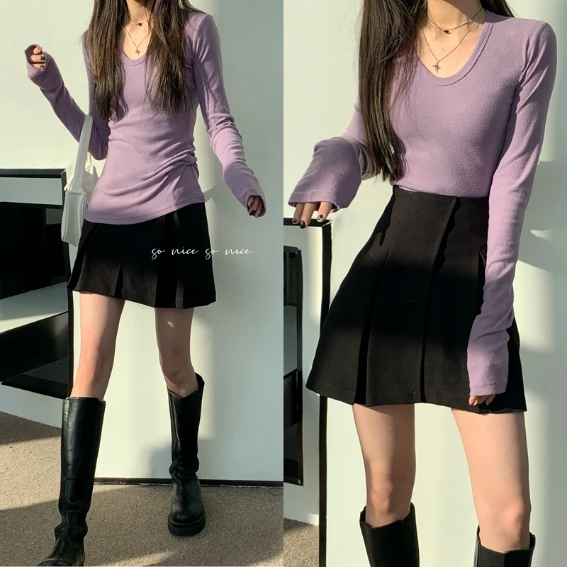 

Spring 2021 Ins Korean Style White Taro Purple Seconds Change Paper People Elastic U-Collar Elastic Bottoming Shirt Long Sleeve