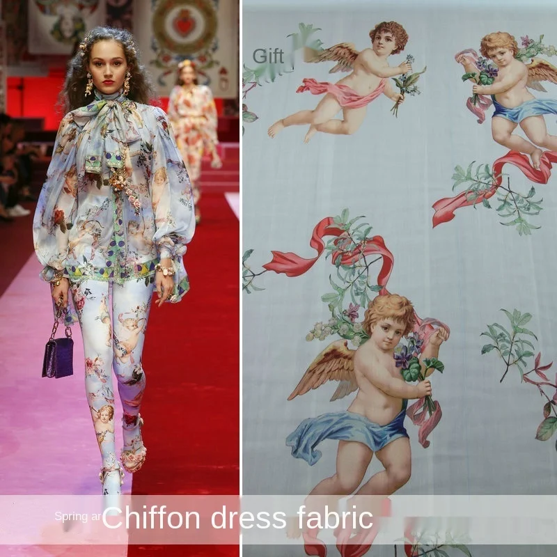 

Luxury Brand Angel Chiffon Printed Fabric 100% Polyester Thin Soft Clothing DIY material Dress Shirt Fabric Cloth by the Yard