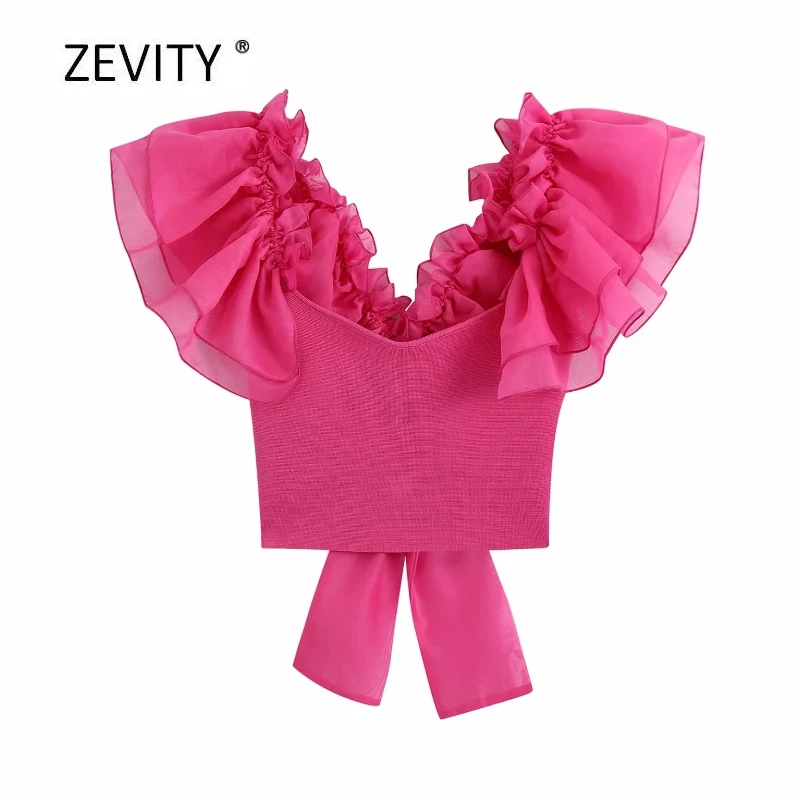 Женская модная прозрачная блузка из органзы с оборками Лоскутная трикотажная