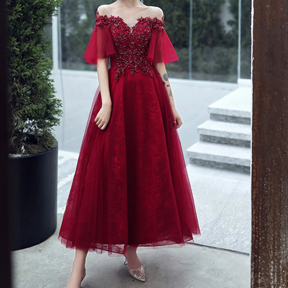 Новое Сексуальное вечернее платье с открытыми плечами цвета красного вина