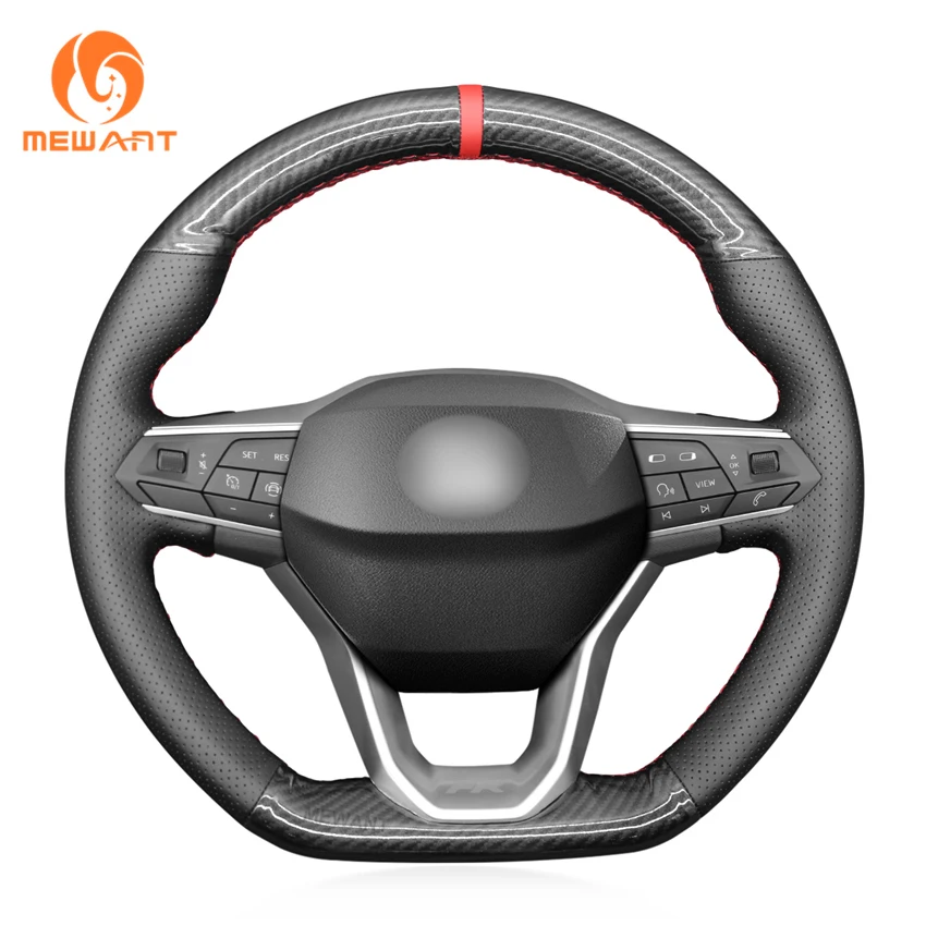 

MEWANT Black Suede Genuine Leather PU Carbon Fiber Steering Wheel Cover for Seat Leon Ateca Tarraco 2020-2021 Seat Cupra Leon