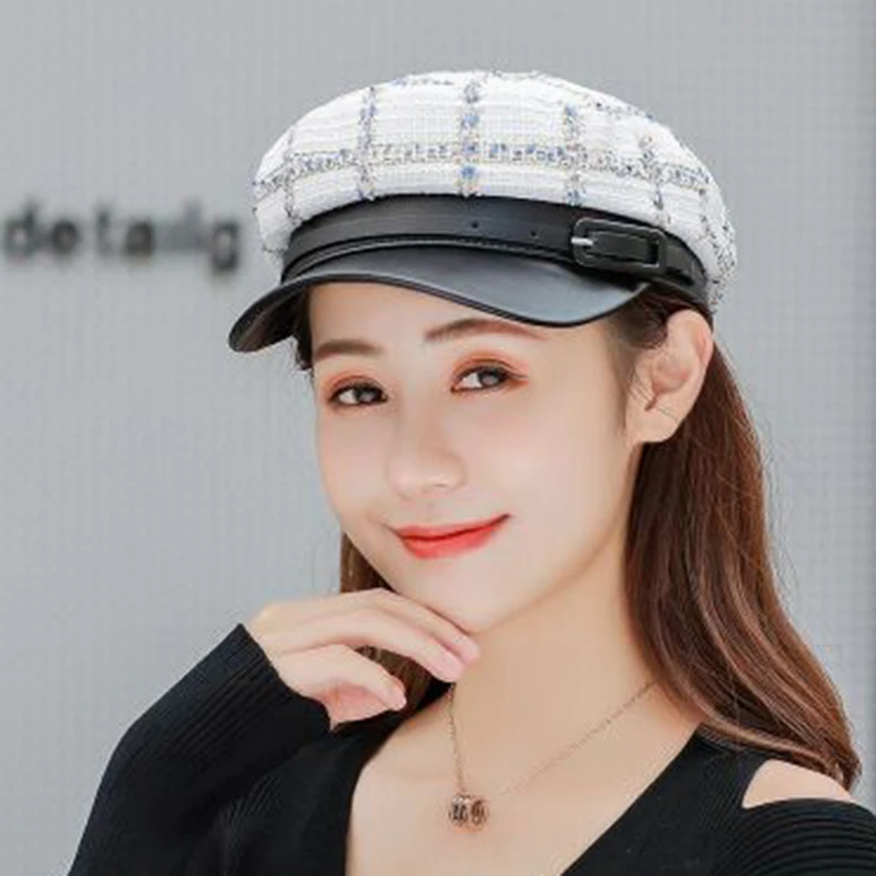 Женский клетчатый берет осенне-зимняя восьмиугольная кепка шапки стильный