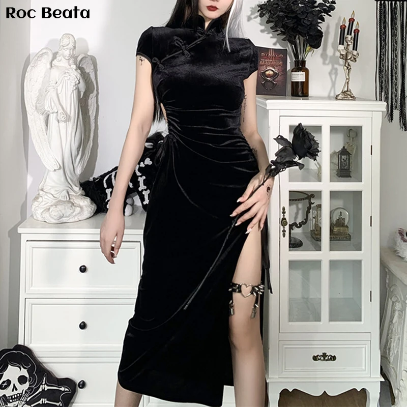 

Gothic Women Dresses Vintage Waist Cut Stand Collar Cheongsam Three Buttons Placket Waist And Chest Display Dress