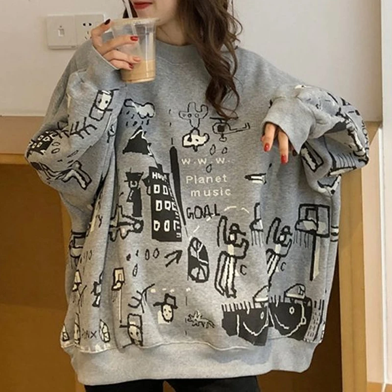 

Hoodies Women Round Collar Printed Fleece Sweatshirts Pullovers Autumn Winter Korean Fashion All-match Loose Sweats Tops