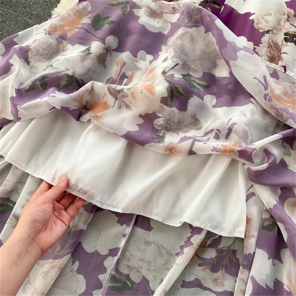 

Women Floral Beach Holiday Sling Dress 2021 Summer V Neck Printed Pleated High Waist Strap Long Dresses Sweet Elegant Gown Fema