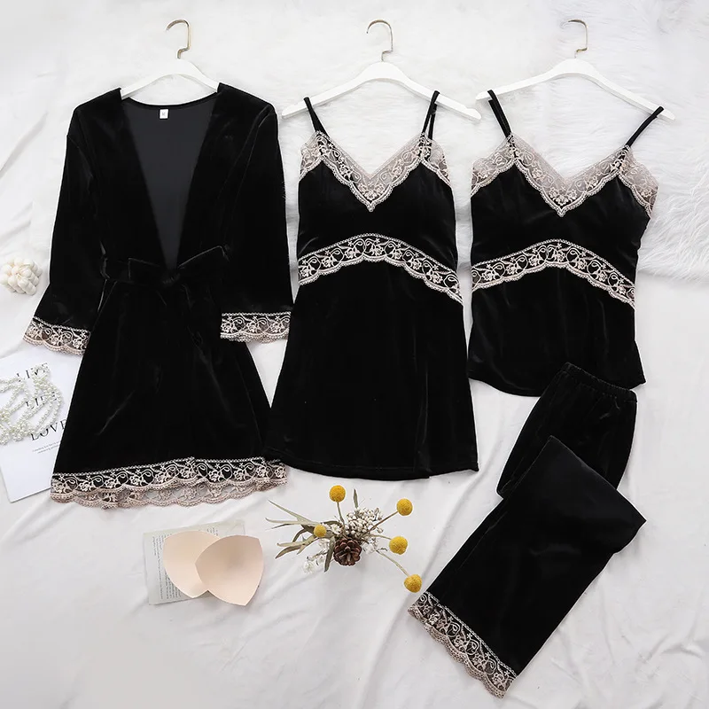 

Female Nightwear 4PCS Pajamas Suit Velour Kimono Bathrobe Gown Intimate Lingerie Sexy Home Clothing Pink Homewear Sleepwear