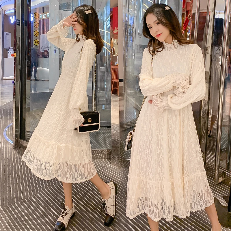 Зимний костюм для беременных с длинным Расклешенным рукавом Кружевное платье