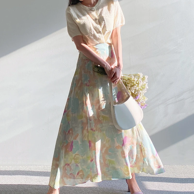 

Summer Korean Skirt Suits Vintage 2 Two Piece Set Women Short Sleeve Single Breasted Knitted Top + High Waist Long Floral Skirt