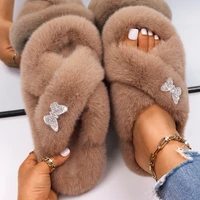 fur slippers women rhinestone butterfly furry slides thick bottom fur sandals ladies fluffy flip flop cozy winter slippers shoes