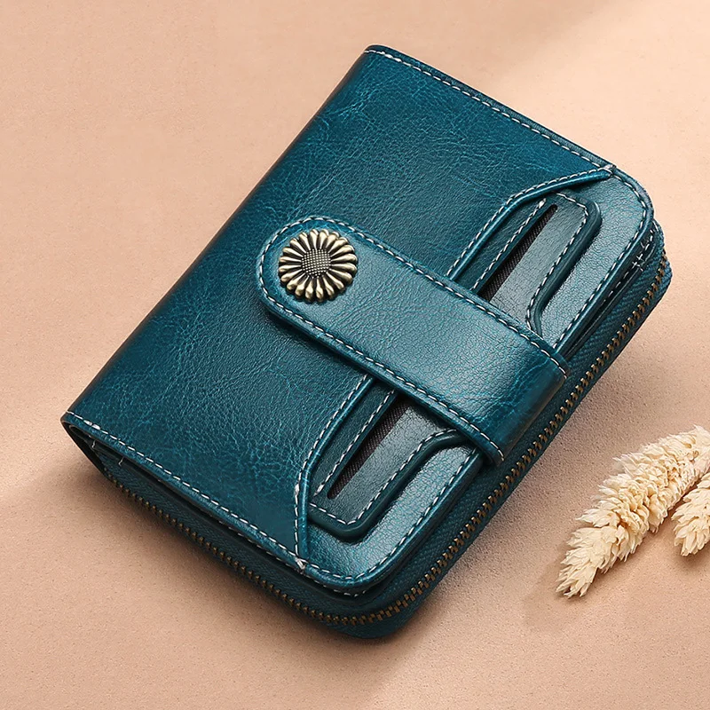 

Women Wallets Retro Oil Wax Cowhide Money Bag Multi-slots Card Holder Female Coin Purse Short Wallets Multi-function Money Clip