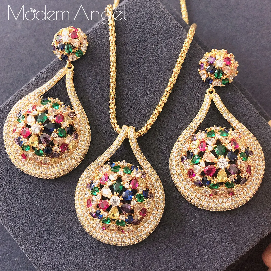 

ModemAngel Luxury Water Cubic Zirconia Women Engagement Wedding Bridal Dubai High End Jewelry Set Necklace Earring Jewelry Set