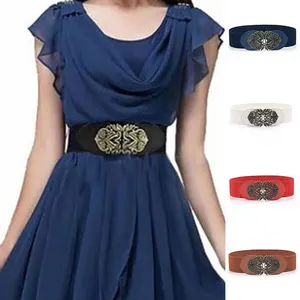 Imported Women Belt Elastic Wide Belt Vintage Carved Flower Metal Buckle Dress Corset Cinch Waistband Decorat
