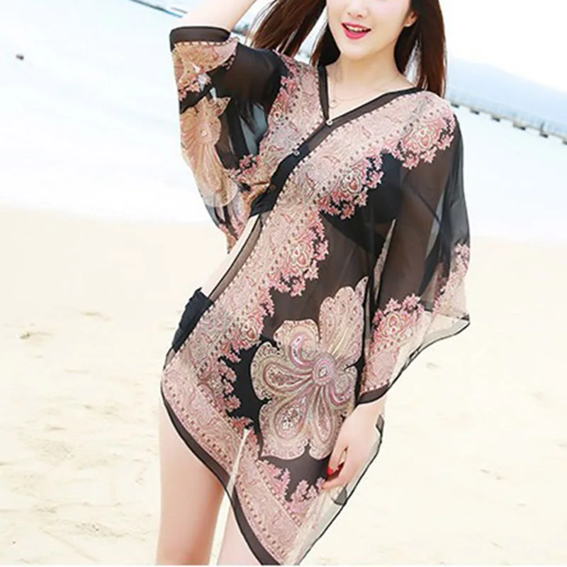 

1pc Women Shawl Boho Floral Print Chiffon Sunproof Beach Bikini Cover Up for Summer ALS88