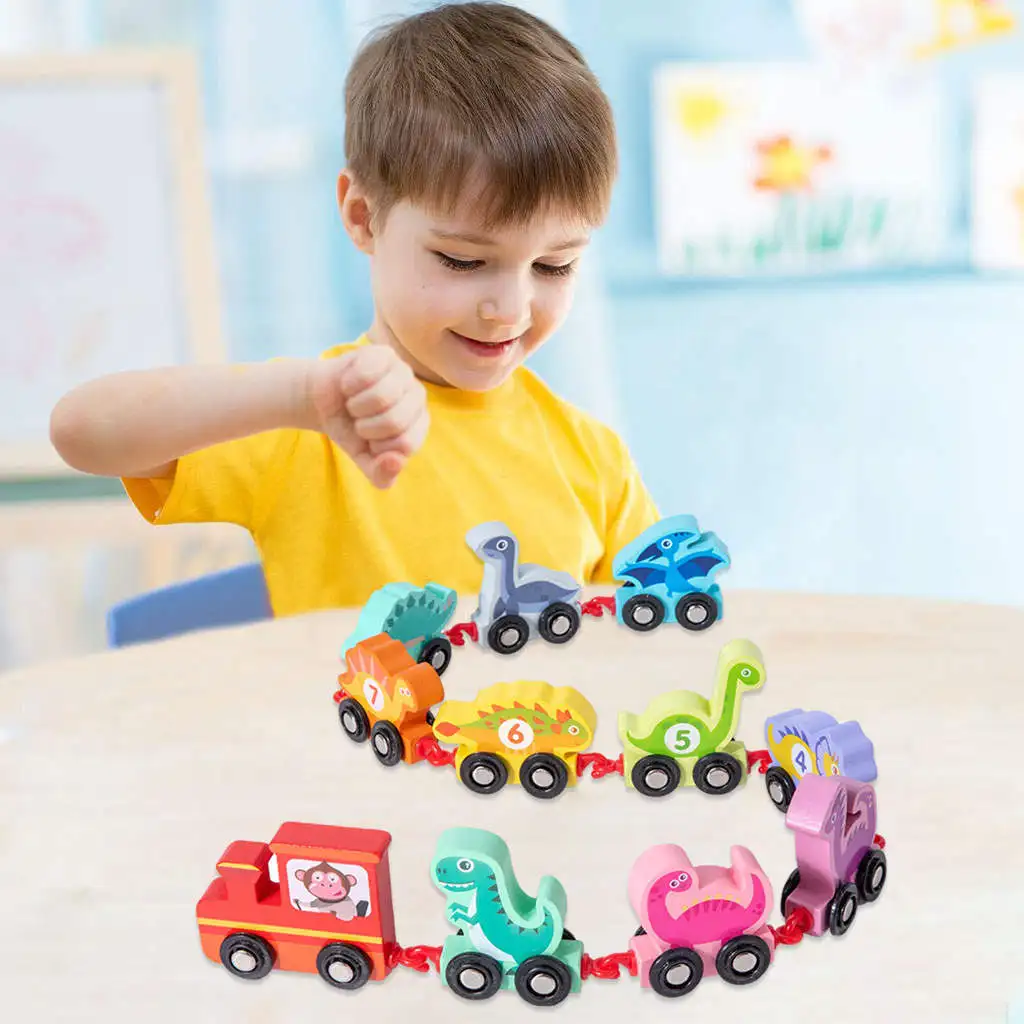 

Набор деревянного поезда Монтессори, 11х строительные блоки, математическая цифровая игрушка, тема динозавра для раннего обучения, для маль...
