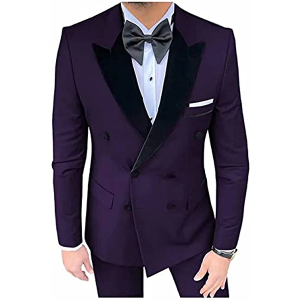 Men's double-breasted black velvet stitching lapel fashion groom men's wedding party suit jacket + pants