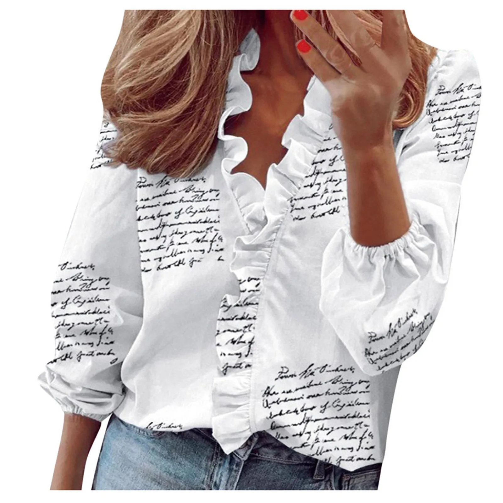 

Women Elegant T-shirts Ruffle V-neck Long Sleeve Blouses Fashion V-neck Printing Girls Top Blouses Blusas Mujer Moda 2021#fs