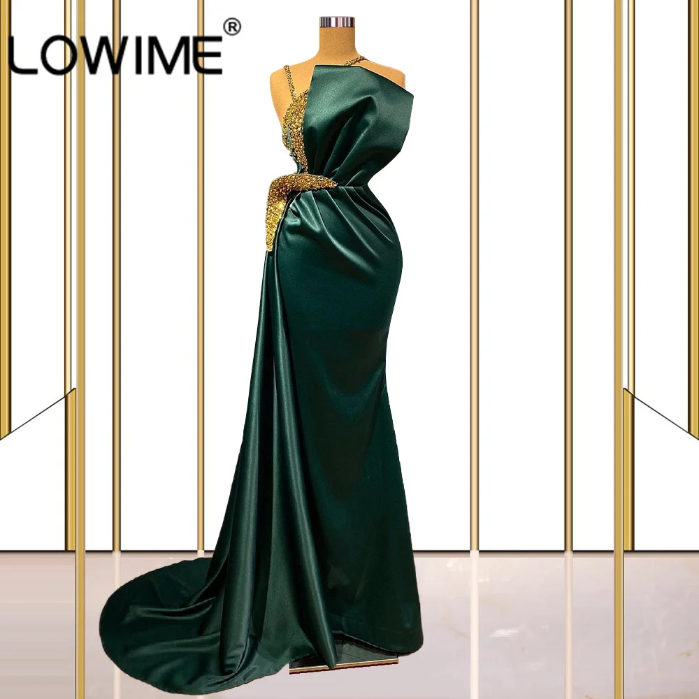 

Зеленые Вечерние платья с арабскими бусинами 2022, элегантное атласное платье от кутюр для выпускного вечера со шлейфом, женские свадебные ве...