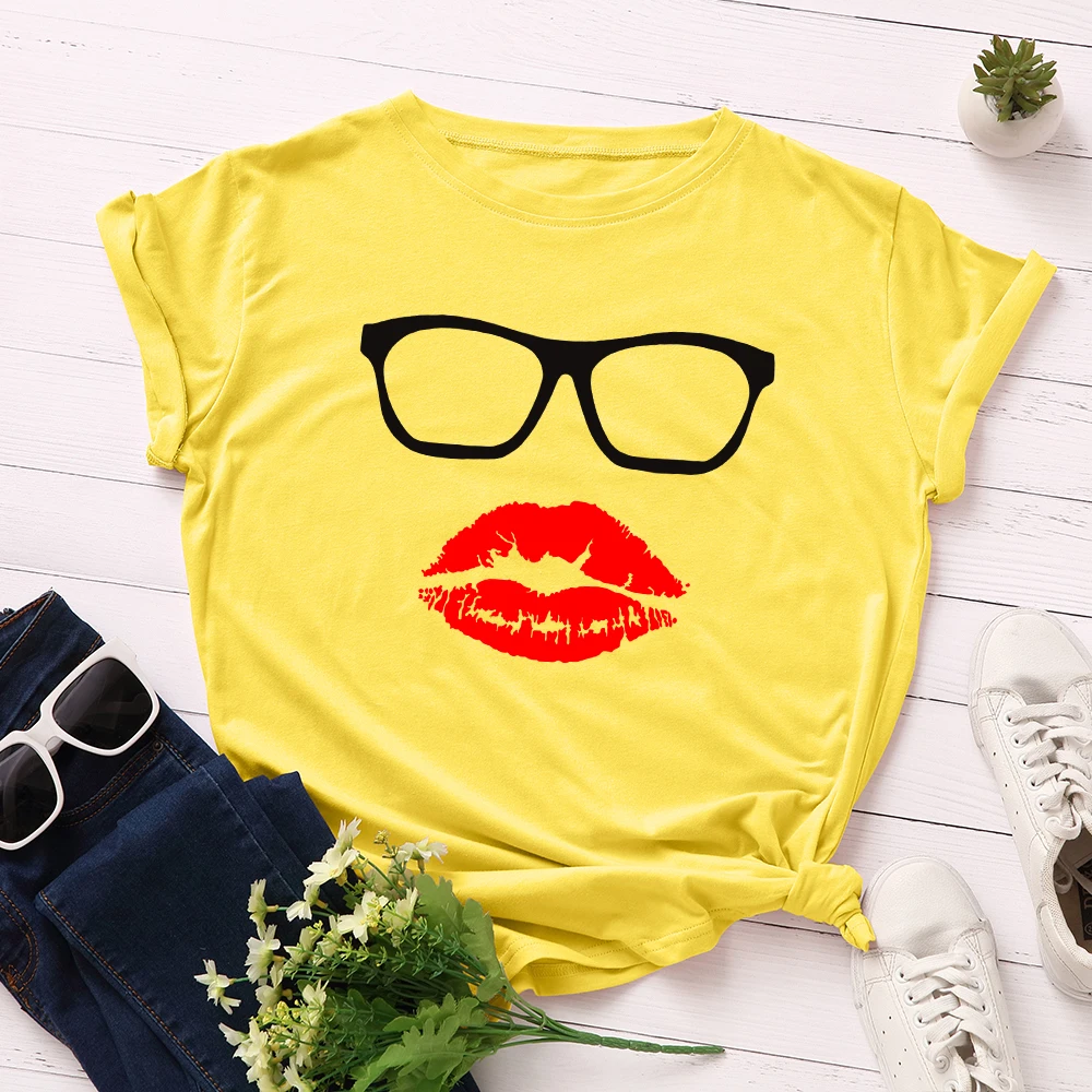 

Women Short Sleeve Cotton T-Shirts Graphic Tees Summer Tee Tops for Female Loose Casual Oversized Tee Clothes Glasses Red Lips