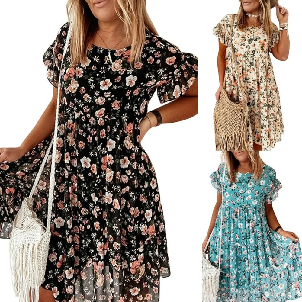 

Womens Boho Floral Summer Casual Baggy Short Sleeve Dress Beach Holiday Sundress