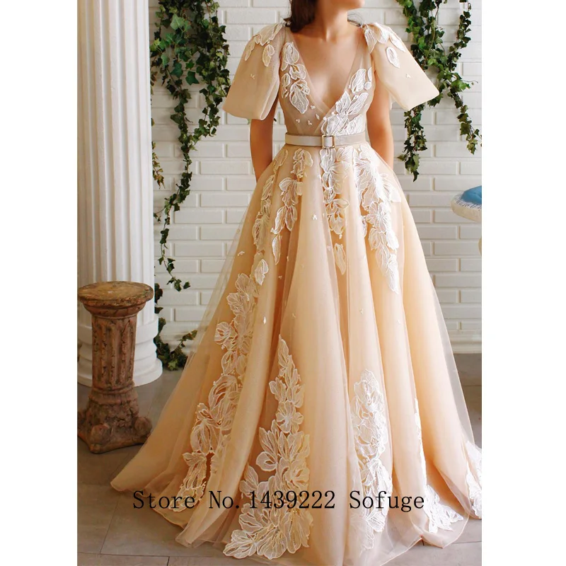 

Light Champion V Neck Evening Dresses Prom Pleat Belt Flower Lace Appliques Puff Sleeves Robe De Soiree