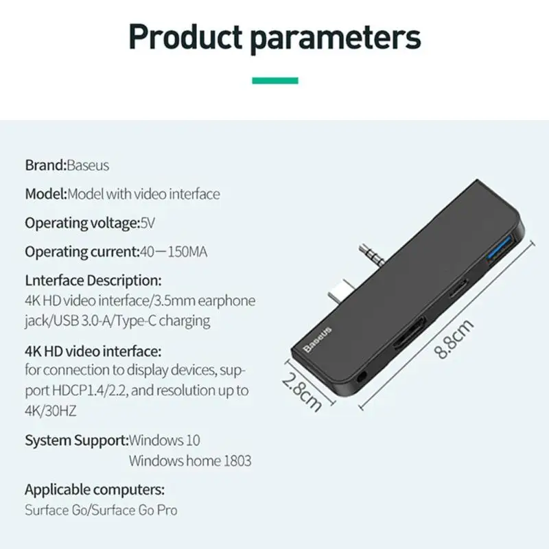 Baseus USB3.0 концентратор для поверхности Go тип-c аудио к сети RJ45 USB3.0-A тип-c аудио интерфейс для microsoft Surface Go hab