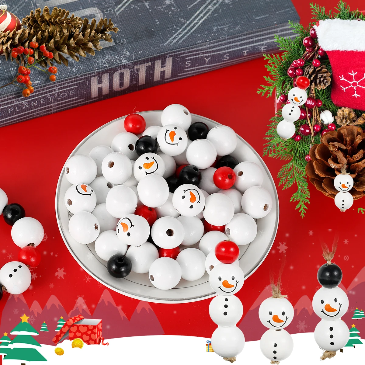 

Оптовая продажа, 100 шт., Набор рождественских деревянных бусин со снеговиком, набор бусин ручной работы, свободный круглый деревянный шар Бу...