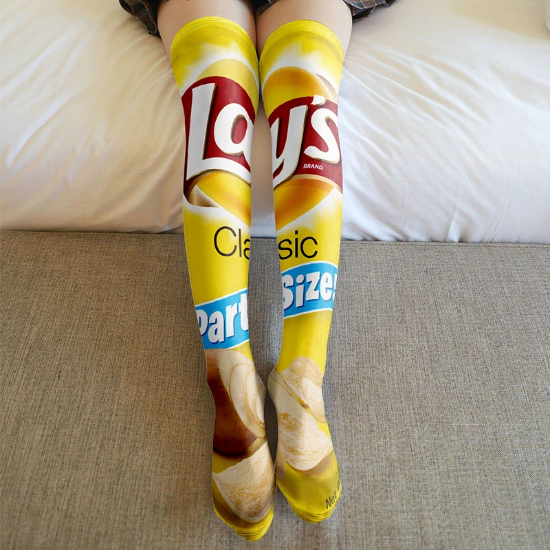 Чулки женские тонкие выше колен с забавным принтом картофельных чипсов шелковые