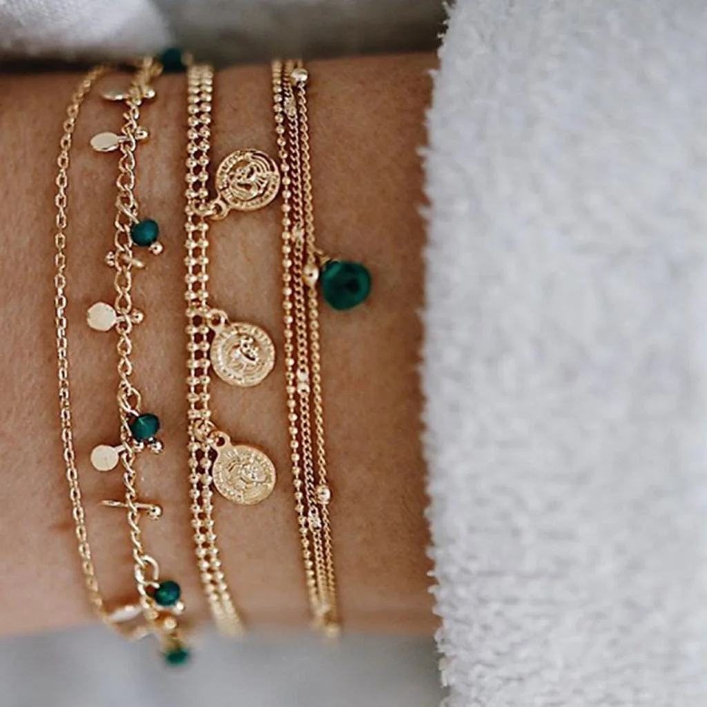 

Bohemian modern stylish gold plating 6pc bracelet set coins & beads simple fashion bracelet gift.