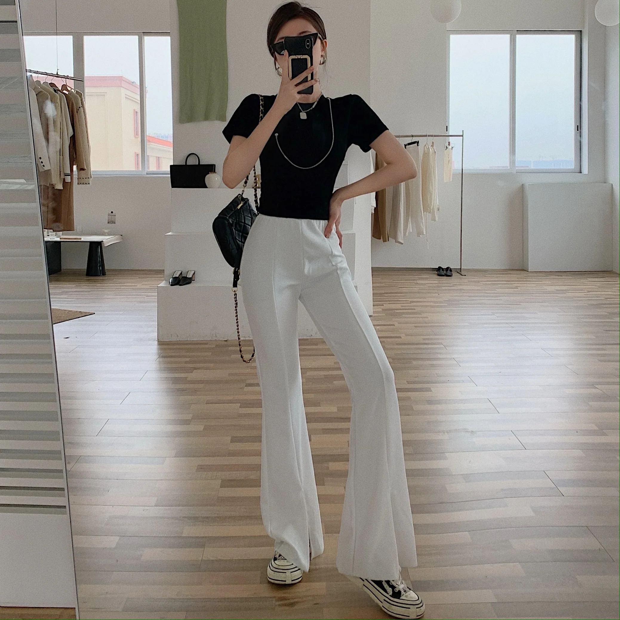 

Spring High Waist Slit White Pants Women Elegant Bell Bottom Trousers Female Office Pants Chiffon