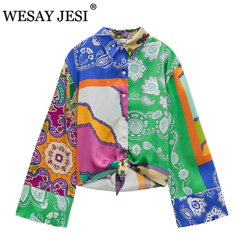 

WESAY JESI Women Clothes Shirt TRAF ZA Patchwork Loose Vintage Shirts 2021 Button Up Shirt Female Asymmetric Crop Summer Blouses