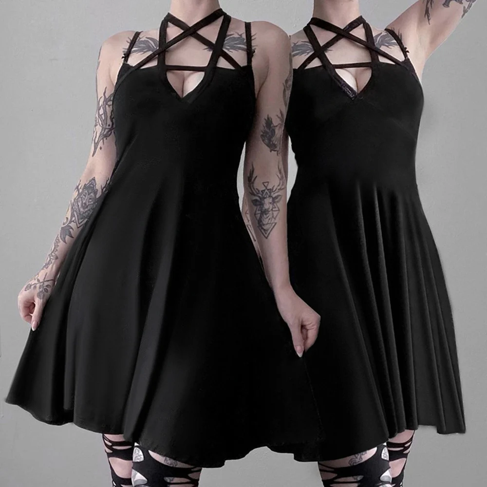 

Europe America Black Five-pointed Sling Dress Cross Sexy 2021 Summer New Fashion High Street Solid Color V-neck High Waist