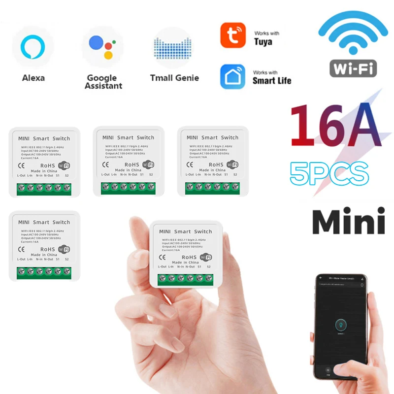

5PCS 16A Mini Smart Wifi DIY Switch Supports 2 Way Control Smart Home Universal Switch Works With Alexa Google Home