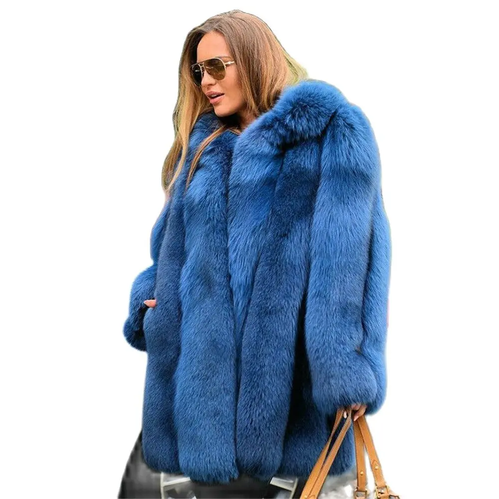 Mid-length Real Fox Fur Jacket Natural Women Winter Fashion Fur Overcoat Thick Warm Genuine Full Pelt Blue Fox Fur Coat Trendy