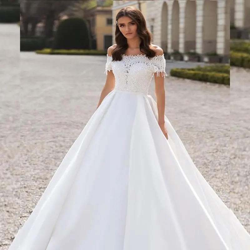 

Elegant Lace Stain Wedding Dress Boat Neck Court Train2021 White For Women Couture Strapless Simple Wedding Gowns Graden Mariee