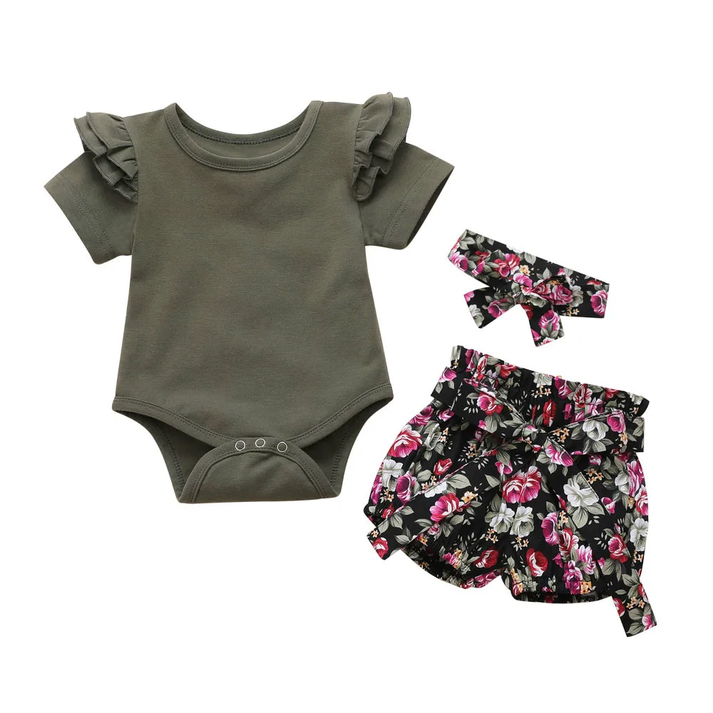 

2020 Baby Summer Clothing Newborn Baby Girls Kids Fly Short Sleeve Clothes Bodysuit Tops Shorts Pants Headband Outfits