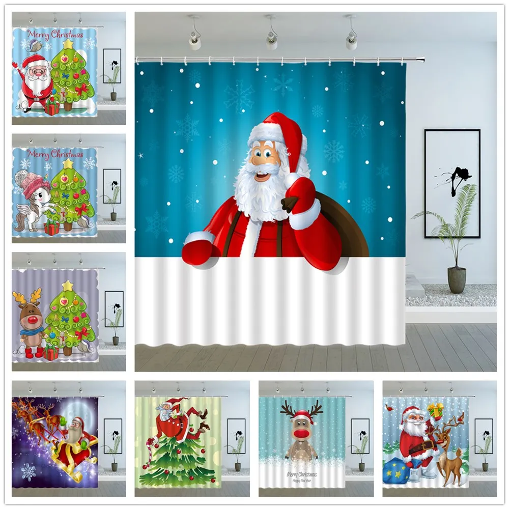 

Cartoon Santa Claus Shower Curtains Cute Old Man Christmas Decoration Snow Scene Xmas Tree Bathroom Decor New Year Cloth Curtain
