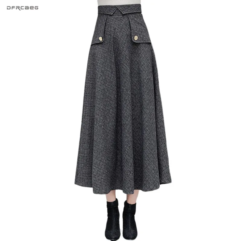Женская Клетчатая Шерстяная Юбка макси с высокой талией элегантная Зимняя
