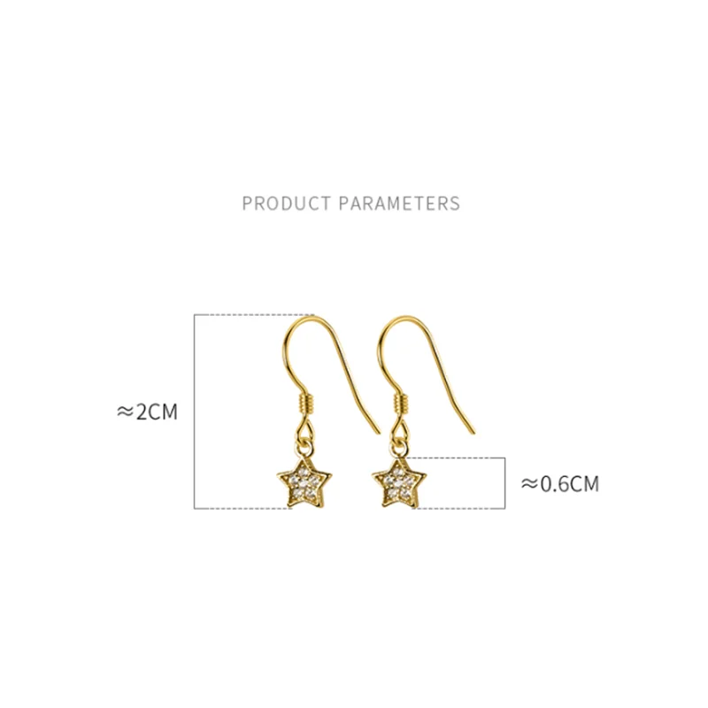 

A00373 925 Sterling Silver Pave Crystal Zircon Star Hanging Stud Earrings for Women Korean 18k Gold Plated Jewelry