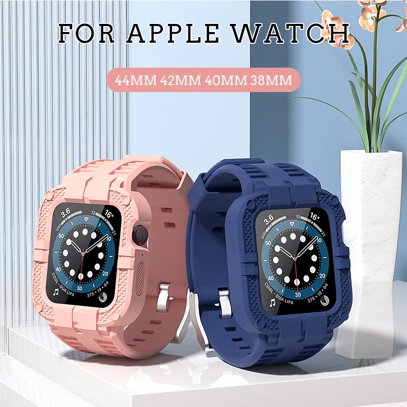 

Silicone Integrated Strap for Apple Watch Band 44mm 42mm 38mm 40mm Case+Strap Sports Replace Bracelet for IWatch 6 Accessories