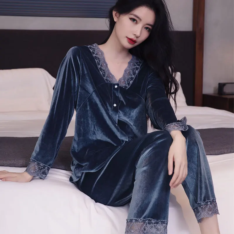 

Nightwear 2PCS Pjs Sleep Set Women Lace V-Neck Pajamas Suit Velour Home Clothes Long Sleeve Sleepwear With Trousers Lingerie