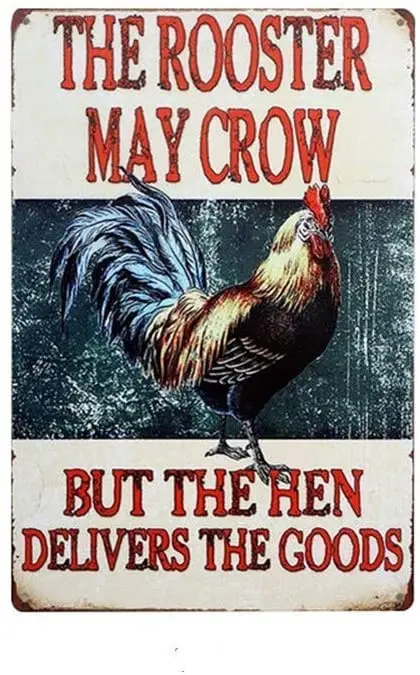 

The Rooster May Crow But The Hen Delivers The Goods Poster Funny Art Decor Vintage Aluminum Retro Metal Tin Sign
