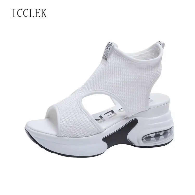 

ICCLEK 2021 Hollow Women Sports Sandals Platform Wedges Heels Knit Woman Shoes Fish Mouth Thick Bottoms Ladies Shoes and Sandals