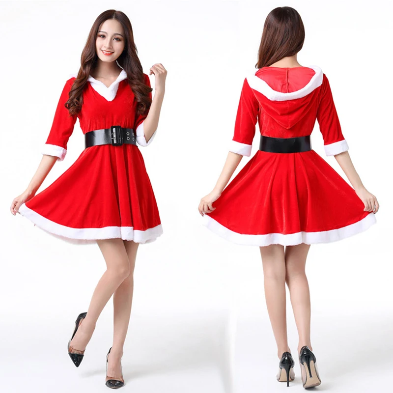 

Sweet Christmas Women Dress Halloween Santa Claus Gold Velvet Costumes Cosplay Party Dresses for Red Woman Clothing C36482AD