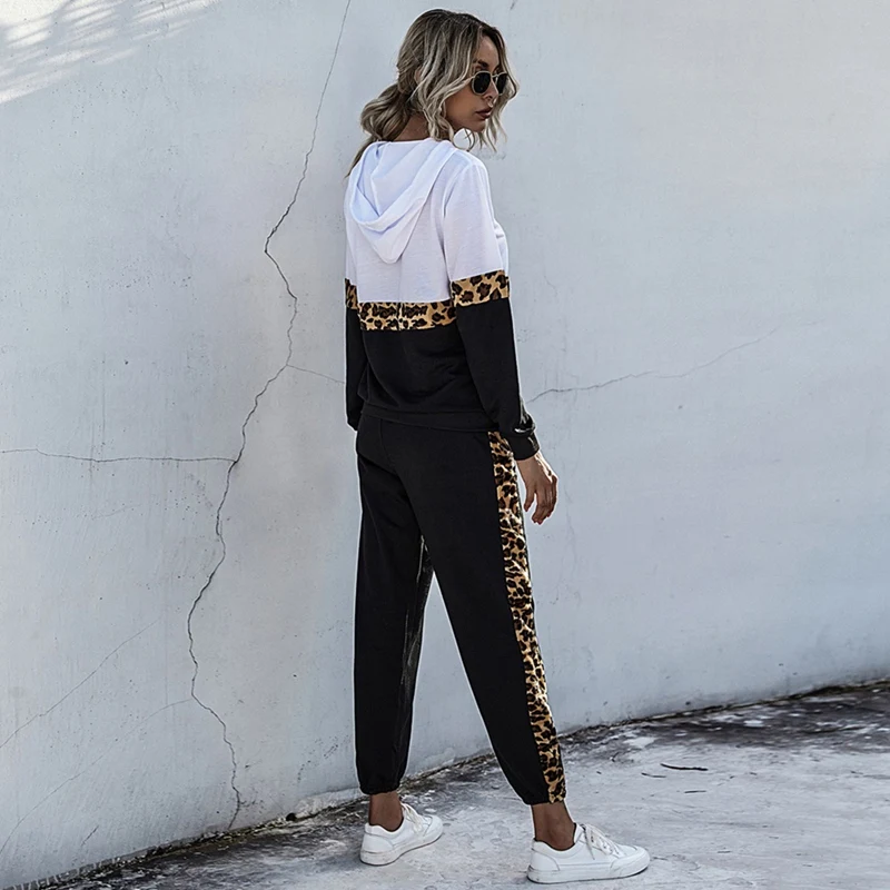 Woman Leopard Patchwork Hoodies 2 Piece Set Pocket Long Sleeve Sweatshirt Top and Pants Suit Casual Tracksuit |