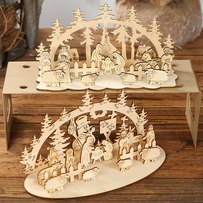 

Christmas Natural Wooden Slices Crafts Stereoscopic Round Ornaments DIY Creative Cartoon Handmade Decorations Home Table Decor