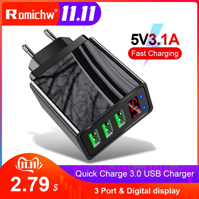 Romichw 3 порта USB зарядное устройство светодиодный дисплей EU US Plug QC 0 быстрое