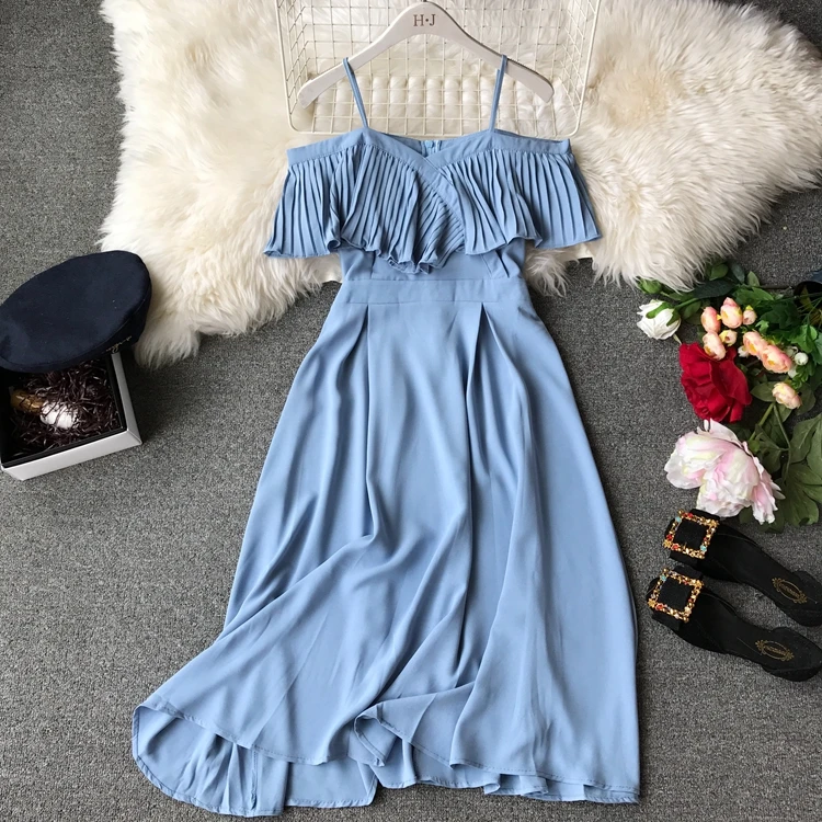 

2021 New Women Chiffon Pleated Off-shoulders Sling Spaghetti Strap Long Dress Ladies Ruffles Empire Drapped Swing Slip Dress
