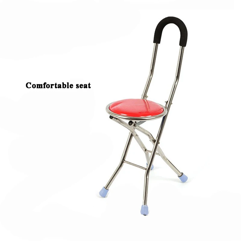 Four Legs Foldable Stainless Steel Walking Cane Stick Chair Elderly Care Adjustable Cane Chair Stool Seat Portable Crutch