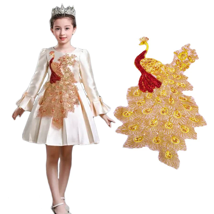 Золотая нить вышитые блесток павлин патч ткань большая аппликация Африканские